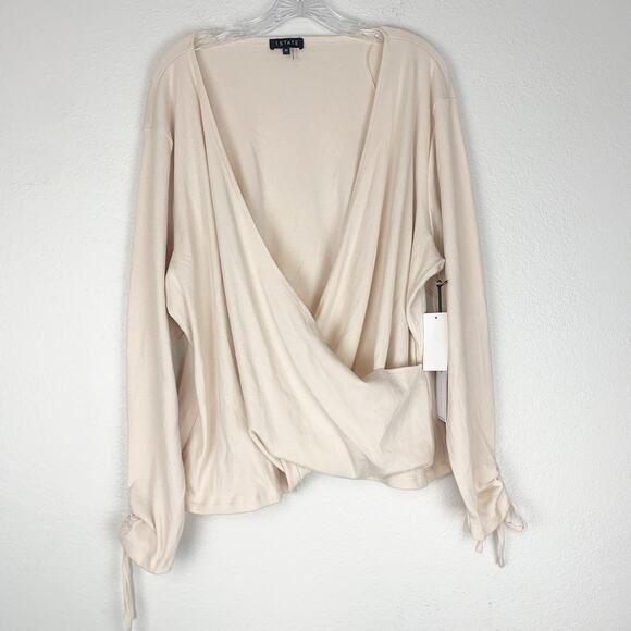 1. STATE Shirt Womens 3X Surplice Ribbed Cream Balletcore Faux Wrap Sleeve Ties - Picture 1 of 9